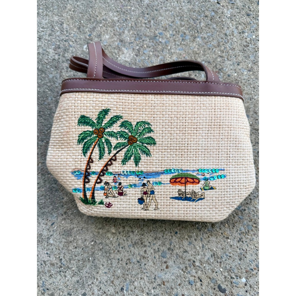 Etienne Aigner Straw Tote Bag Embroidered Beach Scene Palm Trees Brown Small